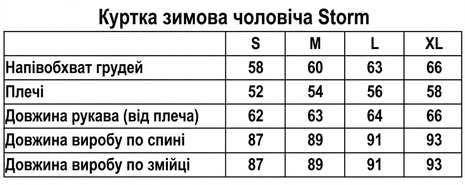 Таблиця розмірів подовженої куртки Storm