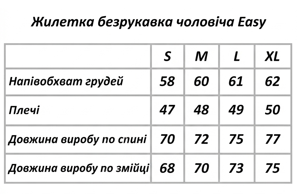 Таблиця розмірів чоловічої безрукавки Easy