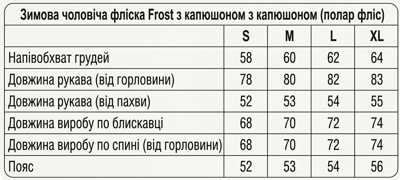 Таблиця розмірів чоловічої фліски Frost